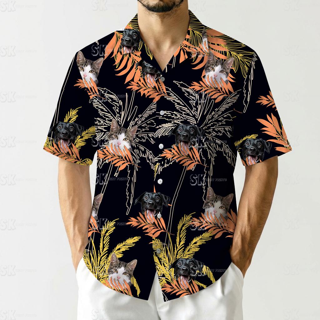 Dark mens cotton hawaiian shirts featuring cat dog faces surrounded by orange yellow palm fronds