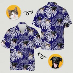 Custom short sleeve tropical shirts featuring cat and dog faces printed on white tropical leaves