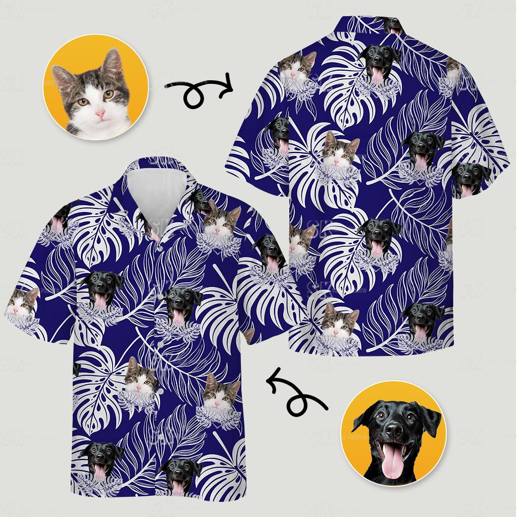 Custom short sleeve tropical shirts featuring cat and dog faces printed on white tropical leaves