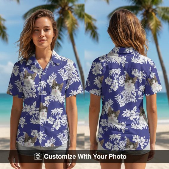 Woman wearing custom cat face Hawaiian shirt with blue and white floral pattern