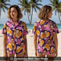 Woman wearing a vibrant custom Hawaiian shirt with personalized face pattern