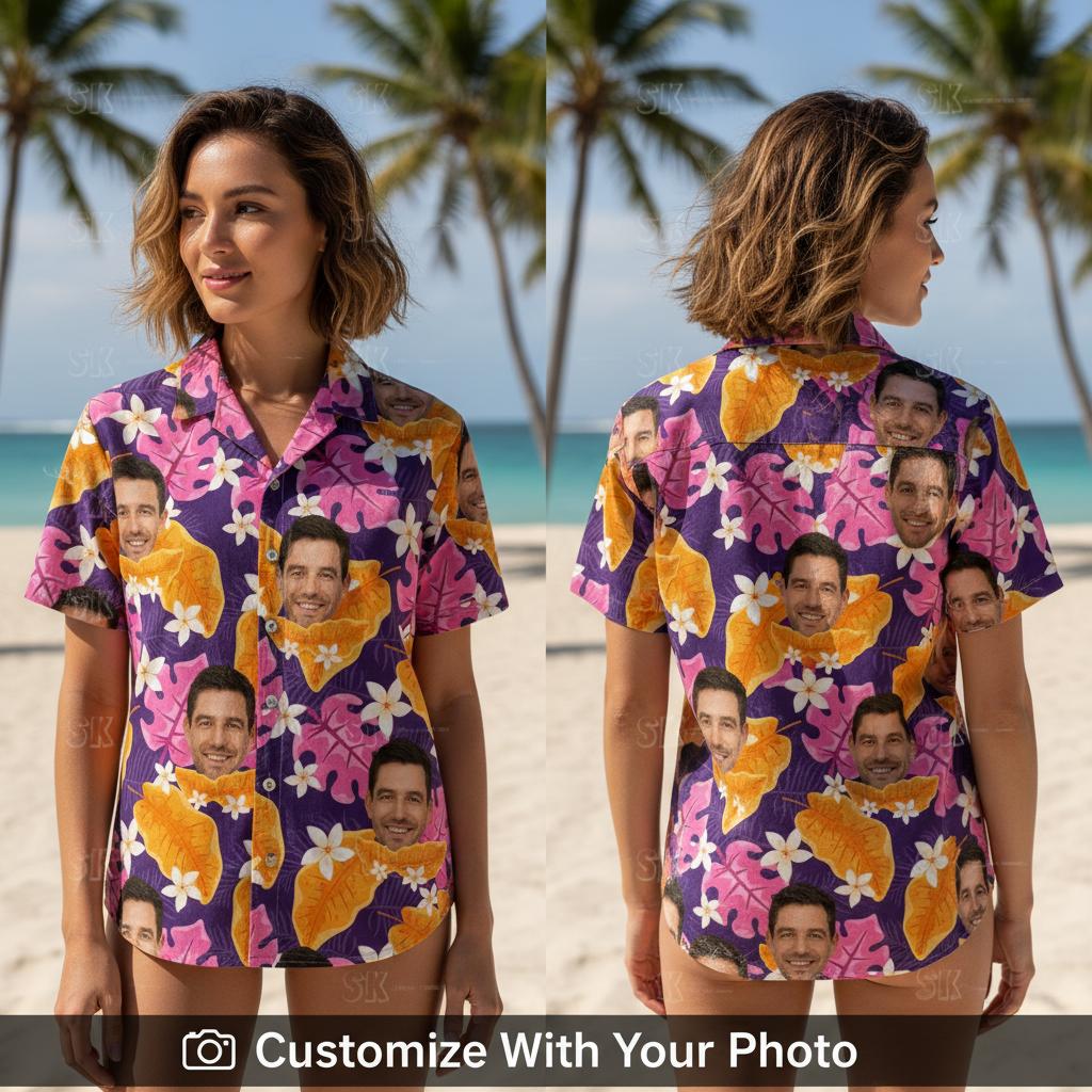 Woman wearing a vibrant custom Hawaiian shirt with personalized face pattern