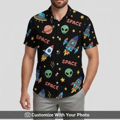 Man in Darth Vader Boba Fett Chewbacca dark Hawaiian shirt with planets and aliens