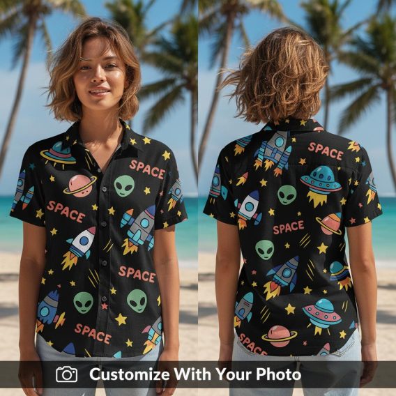 Woman wearing Darth Vader Boba Fett Hawaiian shirt with space, rockets, and stars design