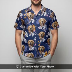 custom dog face hawaiian shirt with purple flowers worn by man at park