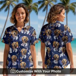 custom dog face hawaiian shirt with purple flowers worn by woman at picnic