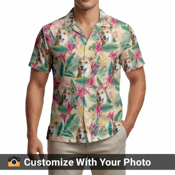 dog face hawaiian shirt green and yellow with tropical leaves on man outdoors