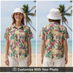 dog face hawaiian shirt with green leaves worn by woman at the beach