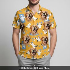Hawaiian shirt with dog face print worn by man, yellow background, dogs and birds, at the beach