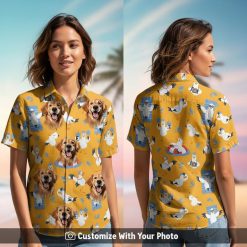 Hawaiian shirt with dog face print worn by woman, yellow with dogs and birds, on beach