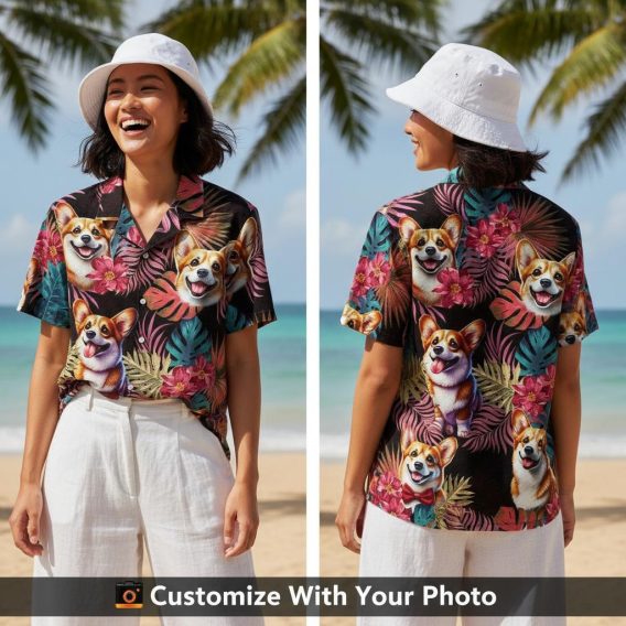 dog hawaiian shirt with corgi print and tropical flowers on woman at beach