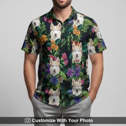 Hawaiian shirt with dog face floral print worn by man at sunset beach