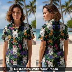 Hawaiian shirt with dog face floral print worn by woman at beach sunset