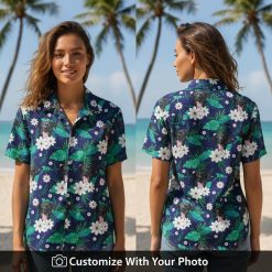 personalized dog lover hawaiian shirt with dogs flowers leaves worn by woman