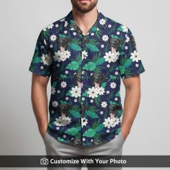 personalized dog lover hawaiian shirt blue with dogs leaves worn by man