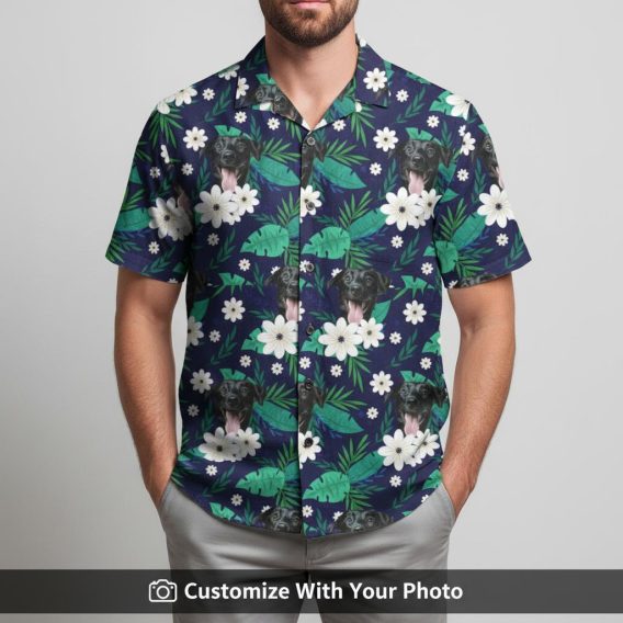 personalized dog lover hawaiian shirt blue with dogs leaves worn by man