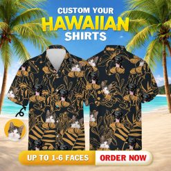 Big mens hawaiian shirts black background orange abstract floral pet faces