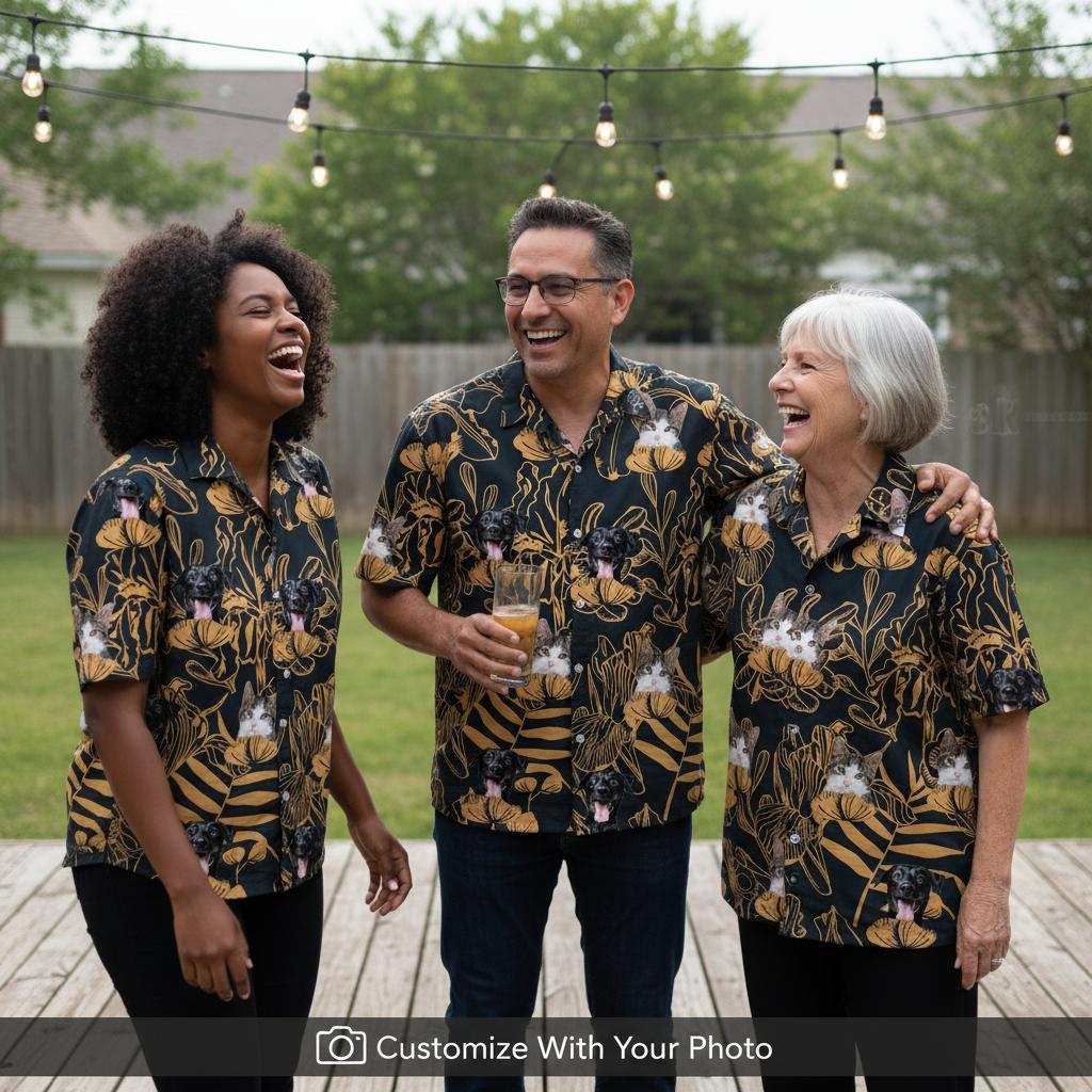 Family group wearing matching best mens hawaiian shirts backyard BBQ wooden deck