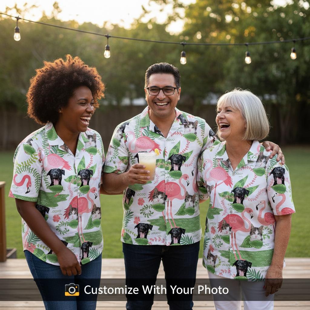 Group wearing matching cat aloha shirts at backyard BBQ with string lights overhead