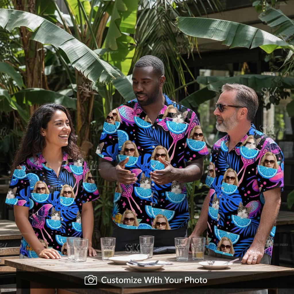 Family wearing matching hawaiian fruit shirts at outdoor restaurant patio with tropical plants