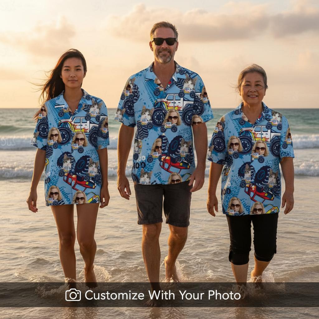 Group wearing matching shirts standing shallow water tropical beach golden hour