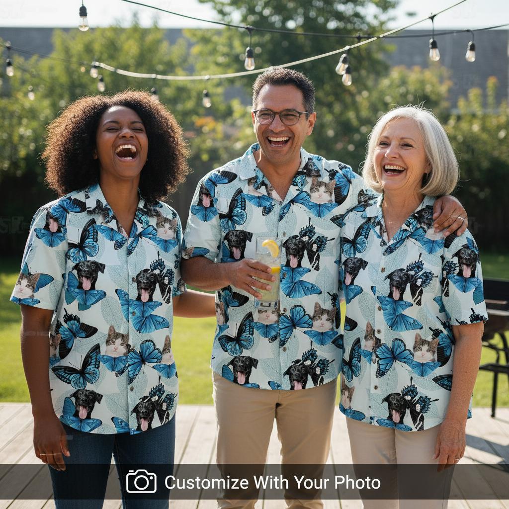 Family matching mens hawaiian cat shirt at backyard BBQ party with string lights and deck setting Group wearing matching mens hawaiian cat shirt at backyard BBQ party wooden deck string lights