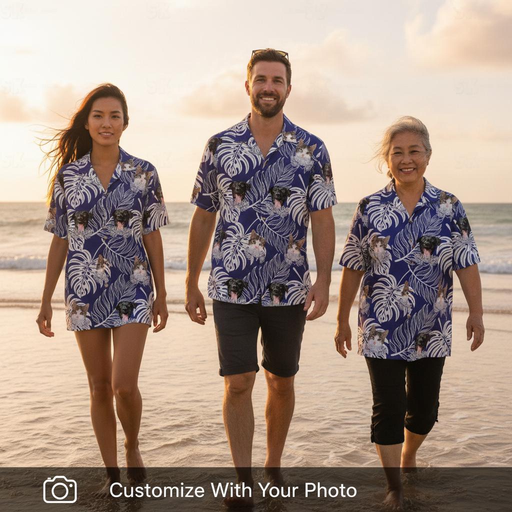 Family matching short sleeve tropical shirts worn at golden hour beach setting together Family wearing matching short sleeve tropical shirts standing in shallow beach water at sunset