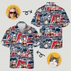 Person wearing ferrari hawaiian shirt with Hot Wheels design checkered flags classic car hawaiian shirt