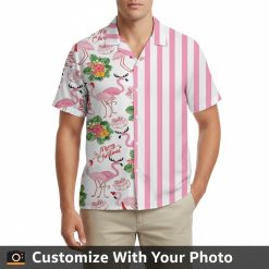 flamingo hawaiian shirt pink stripes worn by man relaxing poolside sunset