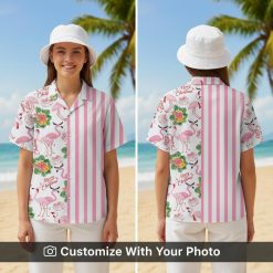 flamingo hawaiian shirt pink stripes worn by woman by the pool at dusk