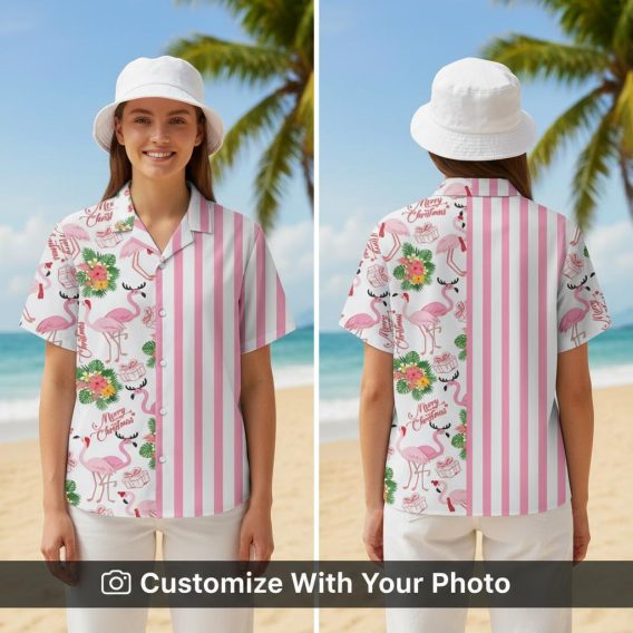 flamingo hawaiian shirt pink stripes worn by woman by the pool at dusk