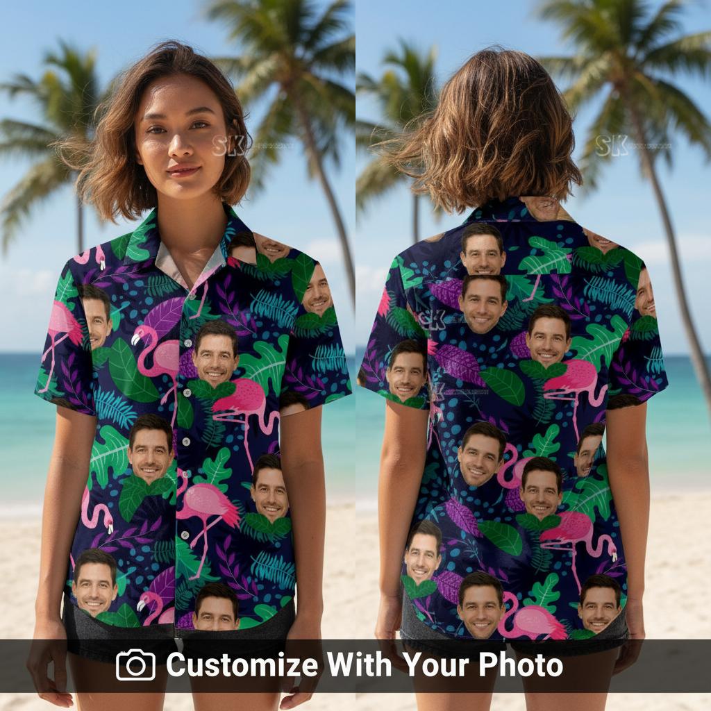 Woman wearing men’s flamingo Hawaiian shirt with tropical leaves and custom face design