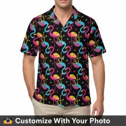 flamingo tropical hawaiian shirt neon pink blue hearts worn by man pool party