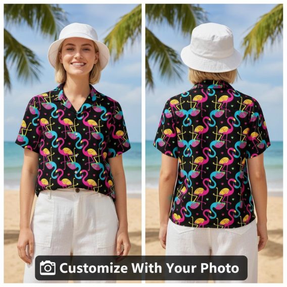 flamingo tropical hawaiian shirt neon pink blue hearts worn by woman poolside