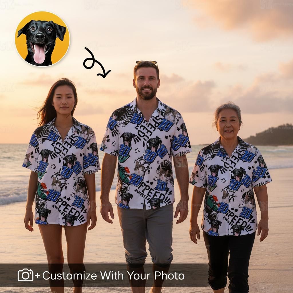 Matching Ford Bronco Hawaiian Shirt Family Beach Group Golden Hour Photo Group wears matching shirts tropical beach setting shallow water golden hour orange sky