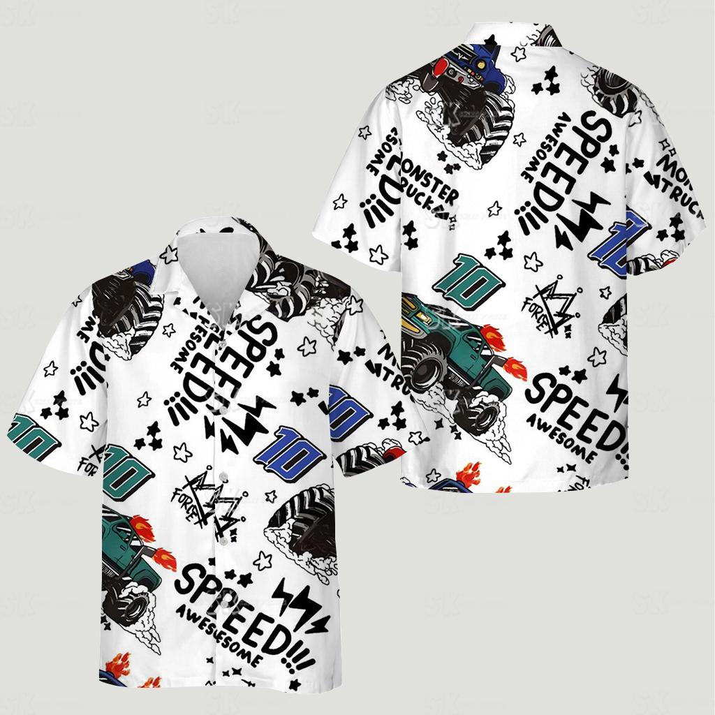 Shirt shows monster truck illustrations flames speed awesome text number 10 star symbols