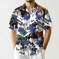 Hawaiian shirt displays cat dog photos monster truck text number 100 stars lightning graphics