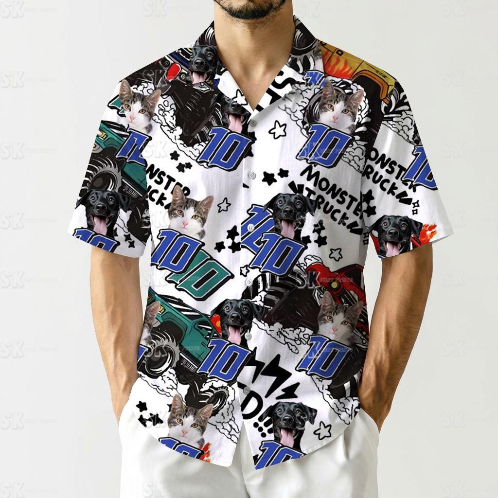 Hawaiian shirt displays cat dog photos monster truck text number 100 stars lightning graphics