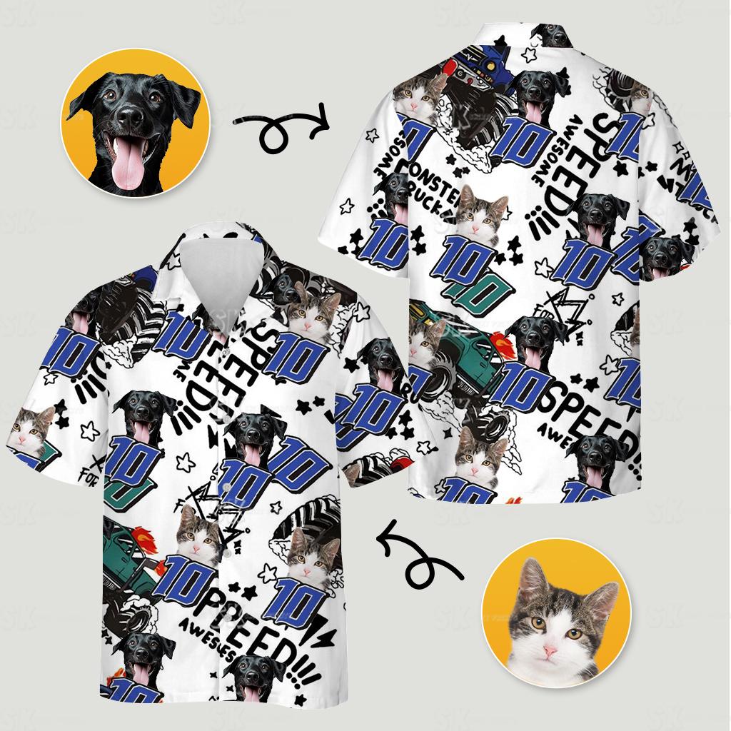 Ford bronco hawaiian shirt featuring cat dog images speed text number 10 stars lightning bolts