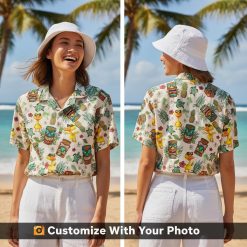 funny hawaiian shirt with tiki masks and pineapples worn by woman at sunset