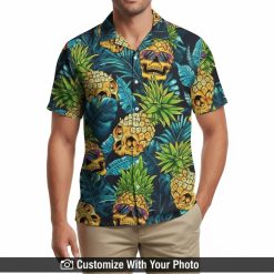 funny pineapple skull hawaiian shirt bold skull print man sunset beach