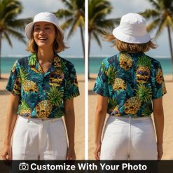 funny pineapple skull hawaiian shirt colorful skull print woman at beach