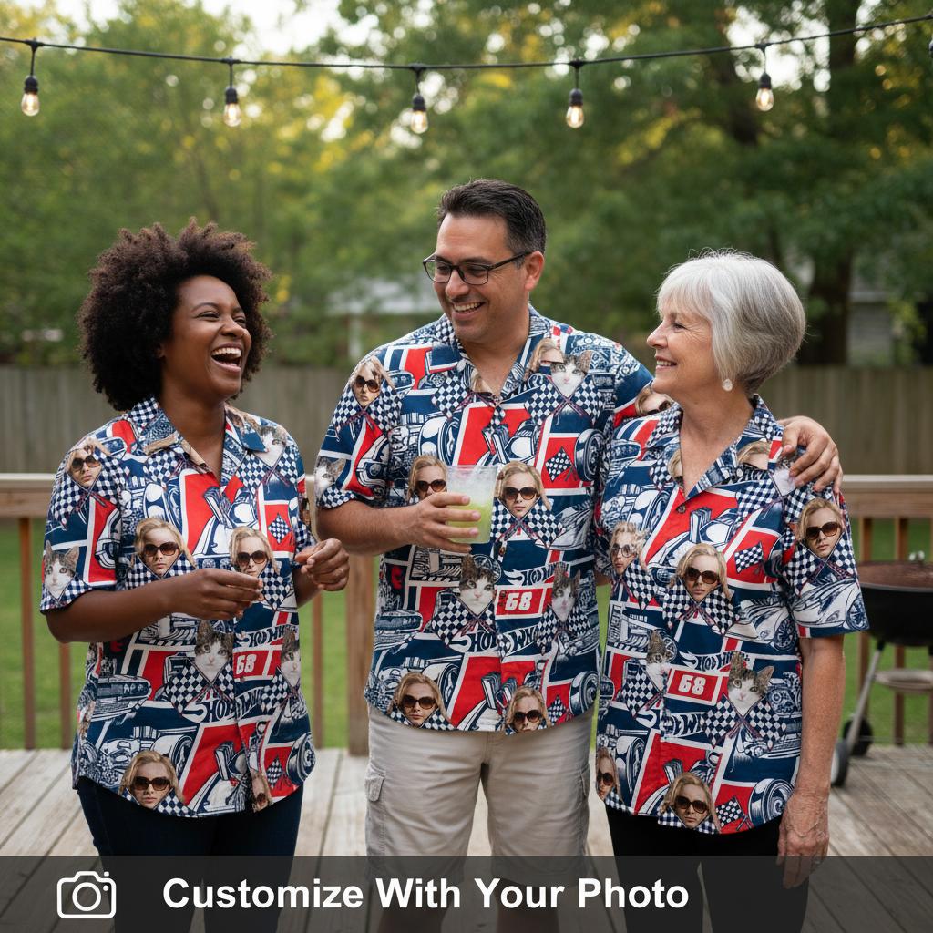 Group Classic Car Hawaiian Shirt Family BBQ Deck String Lights Matching Racing Design Family group wearing matching classic car hawaiian shirt on wooden deck with string lights
