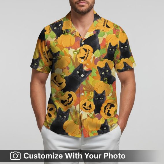 halloween black cat hawaiian shirt jack o lanterns worn by man at sunset