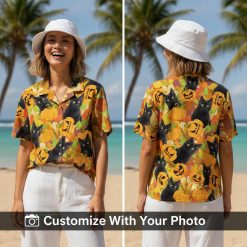halloween black cat hawaiian shirt orange pumpkins worn by woman outdoors