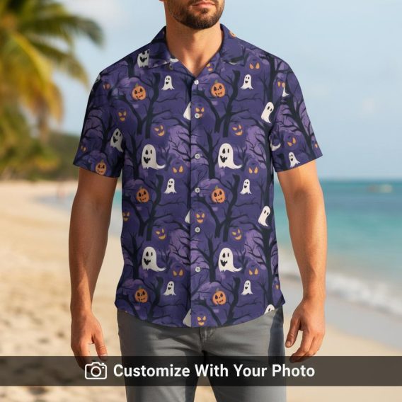 halloween ghost purple hawaiian shirt with pumpkins worn by man outdoors