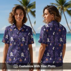 halloween ghost purple hawaiian shirt with pumpkins worn by woman at party
