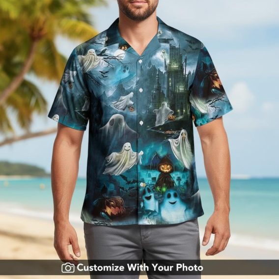 halloween hawaiian shirt with haunted castle print worn by man outdoors