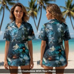halloween hawaiian shirt with ghosts and pumpkins worn by woman at party