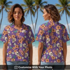 halloween hawaiian shirt with skulls and hibiscus worn by woman at beach sunset